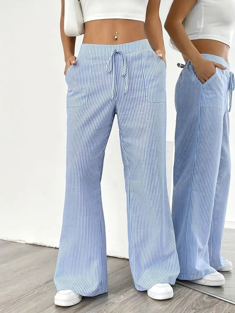 Pantalón Palazzo de Rayas Verticales Mujer Cintura Ajustable