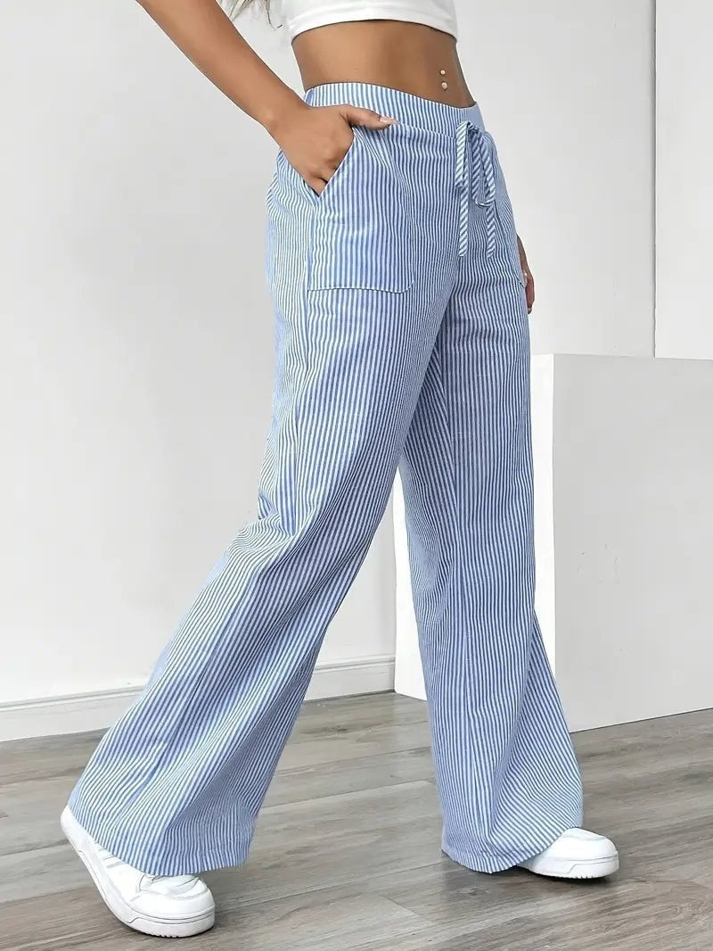 Pantalón Palazzo de Rayas Verticales Mujer Cintura Ajustable