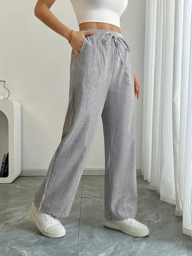 Pantalón Palazzo de Rayas Verticales Mujer Cintura Ajustable