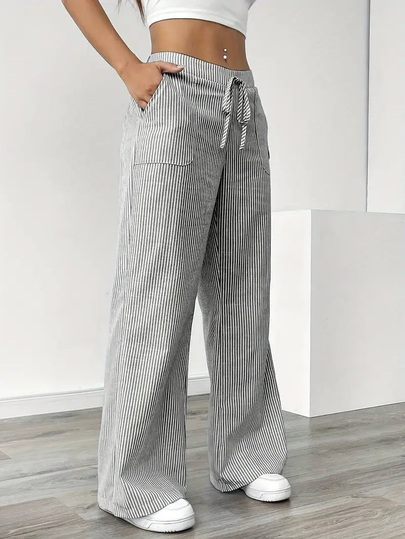 Pantalón Palazzo de Rayas Verticales Mujer Cintura Ajustable