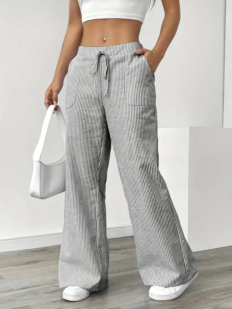 Pantalón Palazzo de Rayas Verticales Mujer Cintura Ajustable