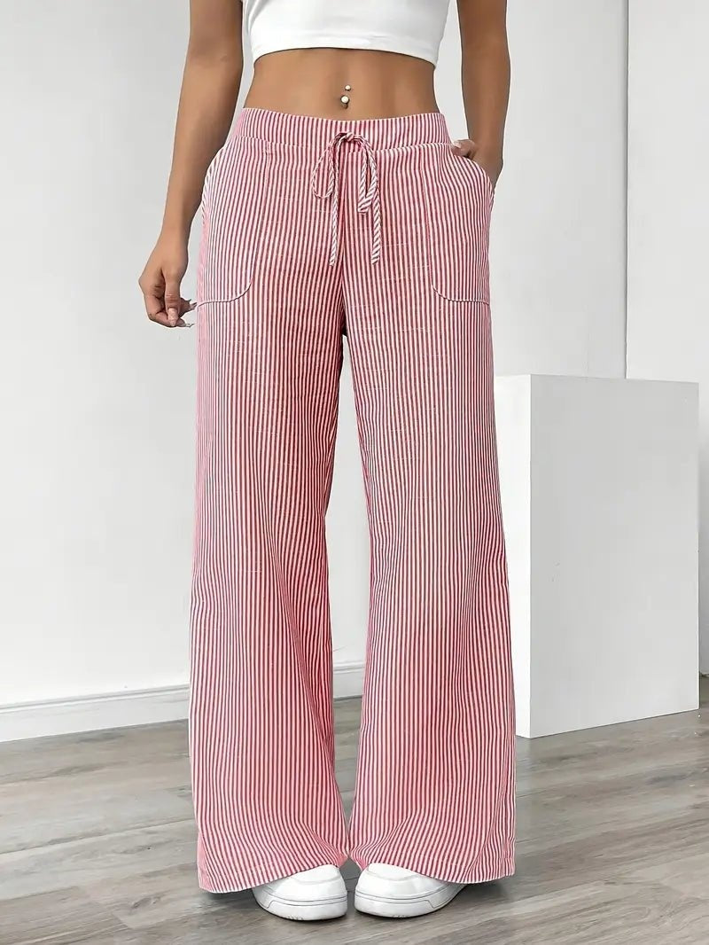 Pantalón Palazzo de Rayas Verticales Mujer Cintura Ajustable