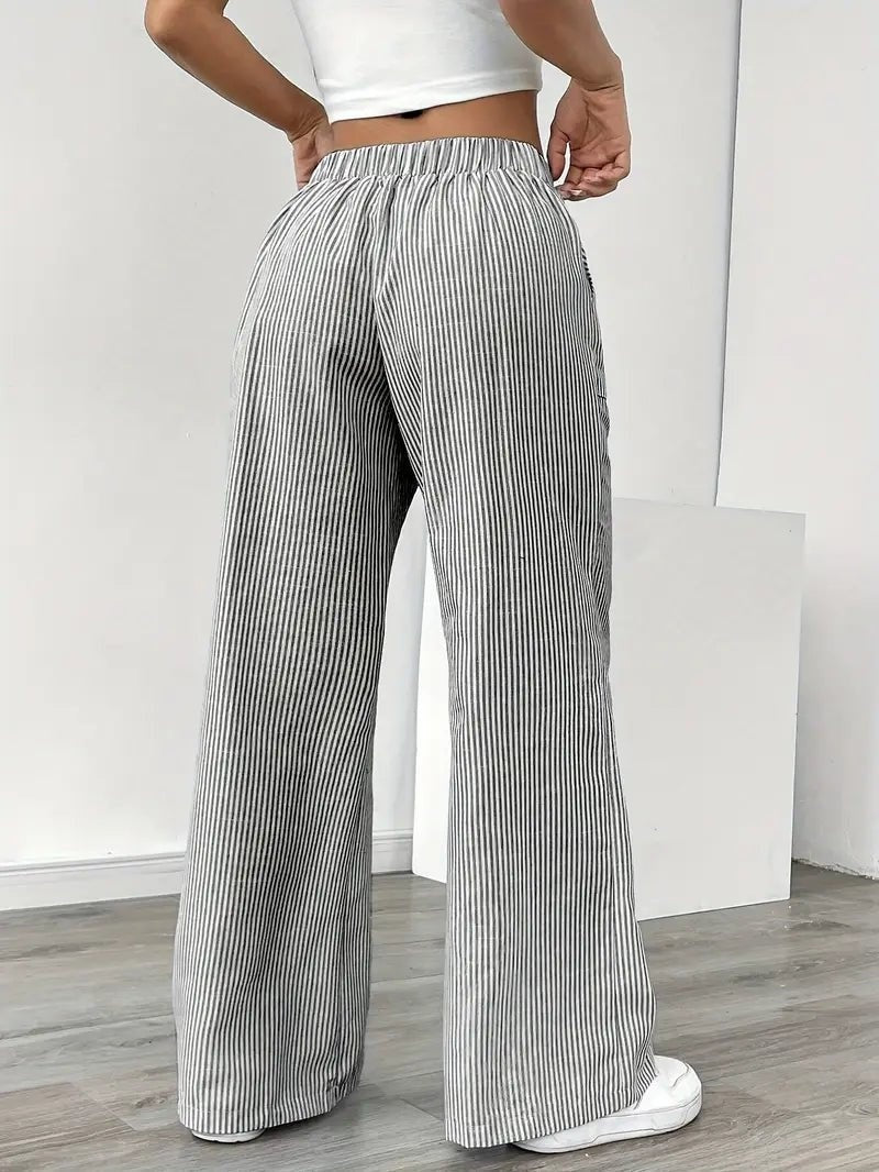 Pantalón Palazzo de Rayas Verticales Mujer Cintura Ajustable