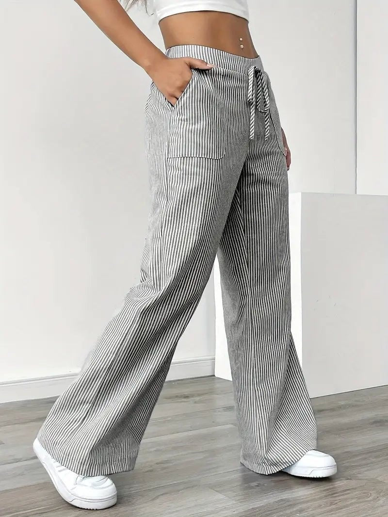 Pantalón Palazzo de Rayas Verticales Mujer Cintura Ajustable