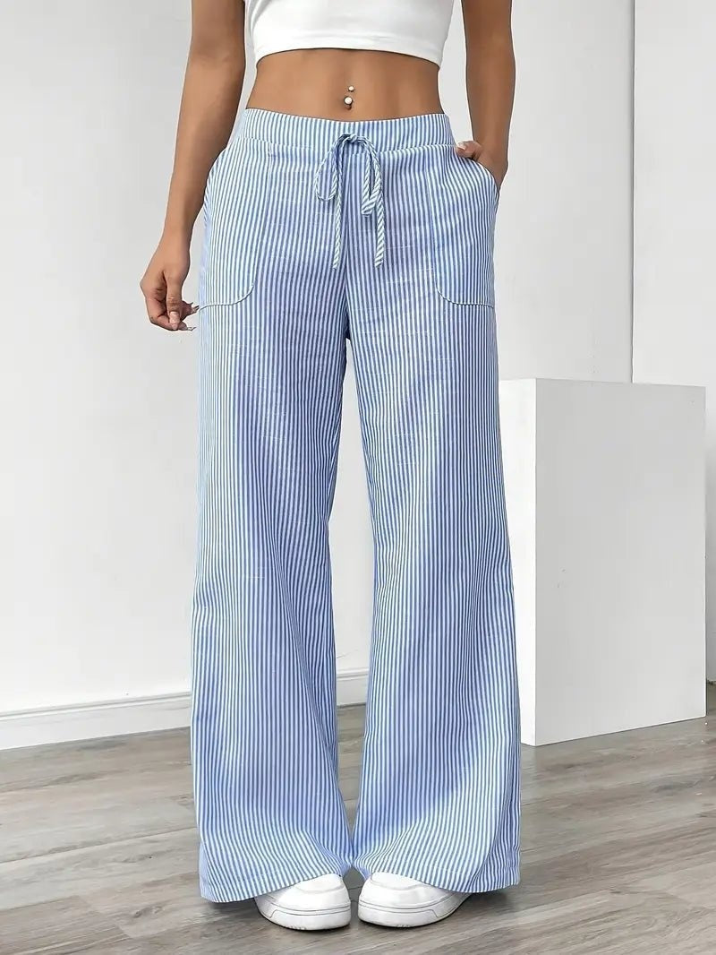 Pantalón Palazzo de Rayas Verticales Mujer Cintura Ajustable