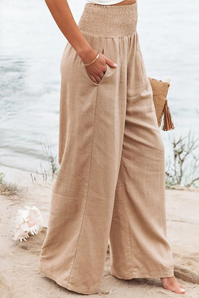 Pantalón Palazzo Fluido de Lino Mujer Cintura Alta