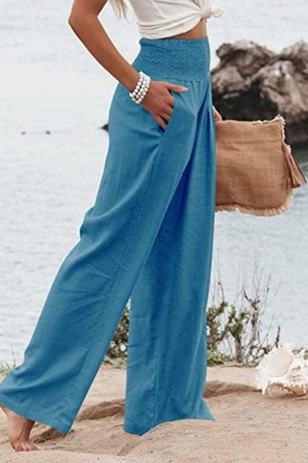 Pantalón Palazzo Fluido de Lino Mujer Cintura Alta