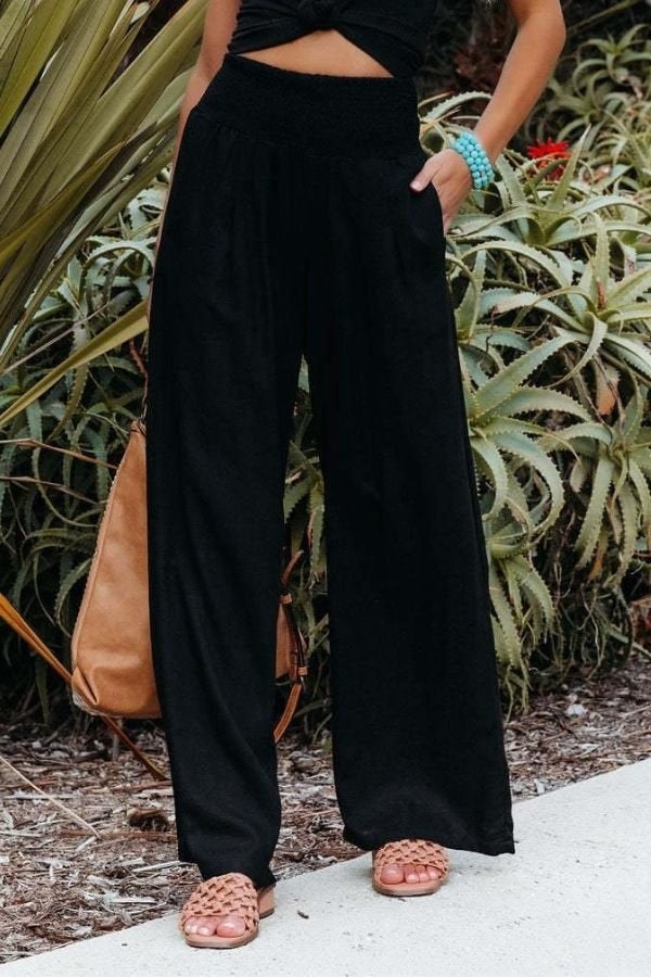 Pantalón Palazzo Fluido de Lino Mujer Cintura Alta