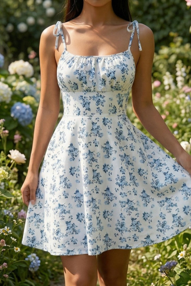 Paula | Vestido Corto Floral Mujer Tirantes Lazo Escote Cuadrado