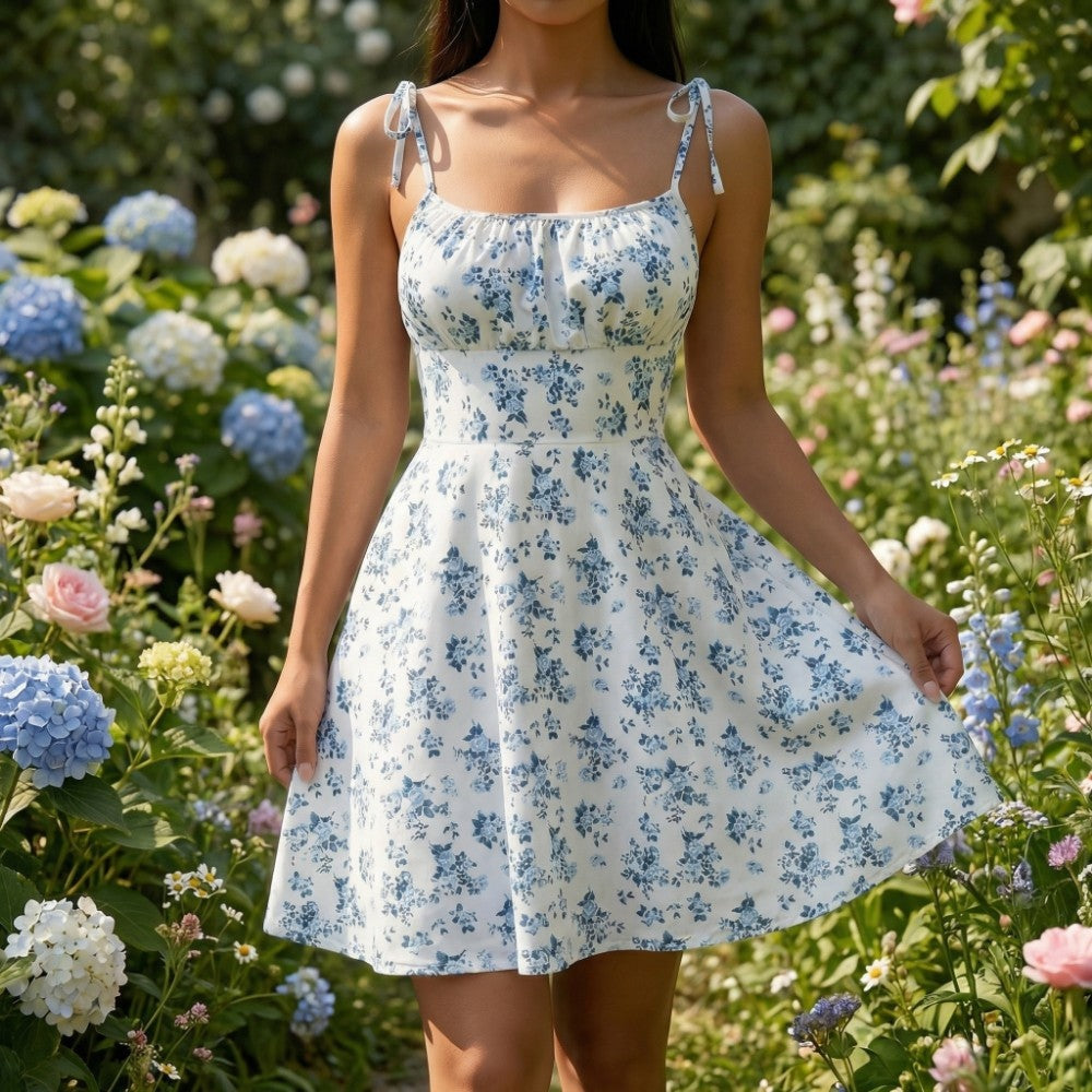Paula | Vestido Corto Floral Mujer Tirantes Lazo Escote Cuadrado