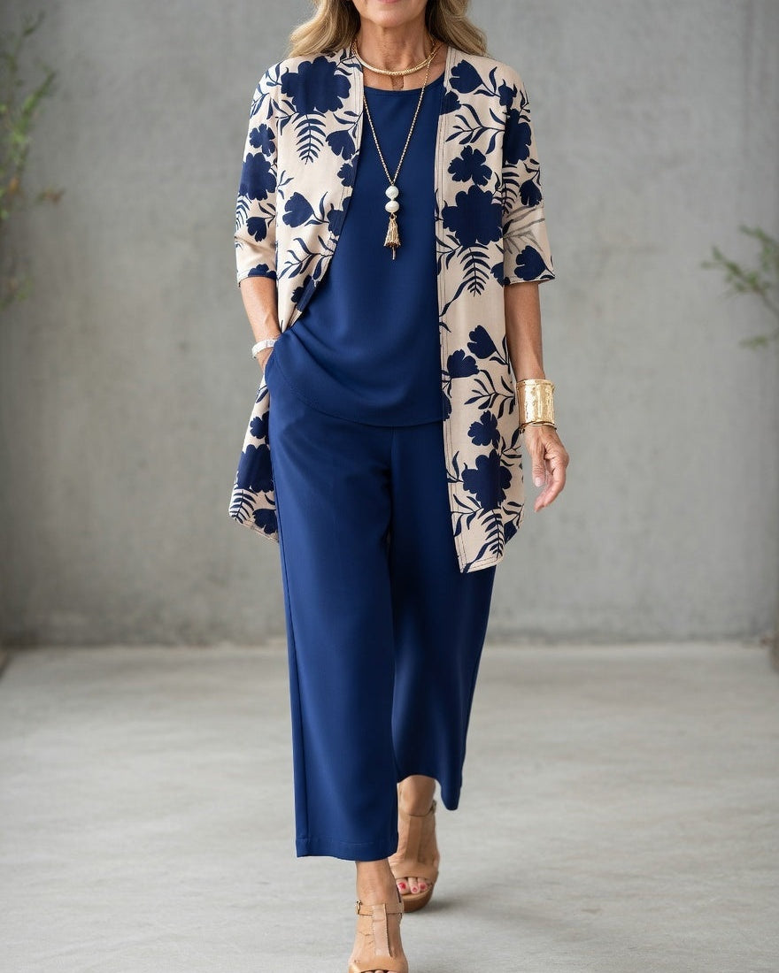 Pilar | Conjunto Elegante Mujer 3 Piezas Pantalón Fluido Chaqueta Floral