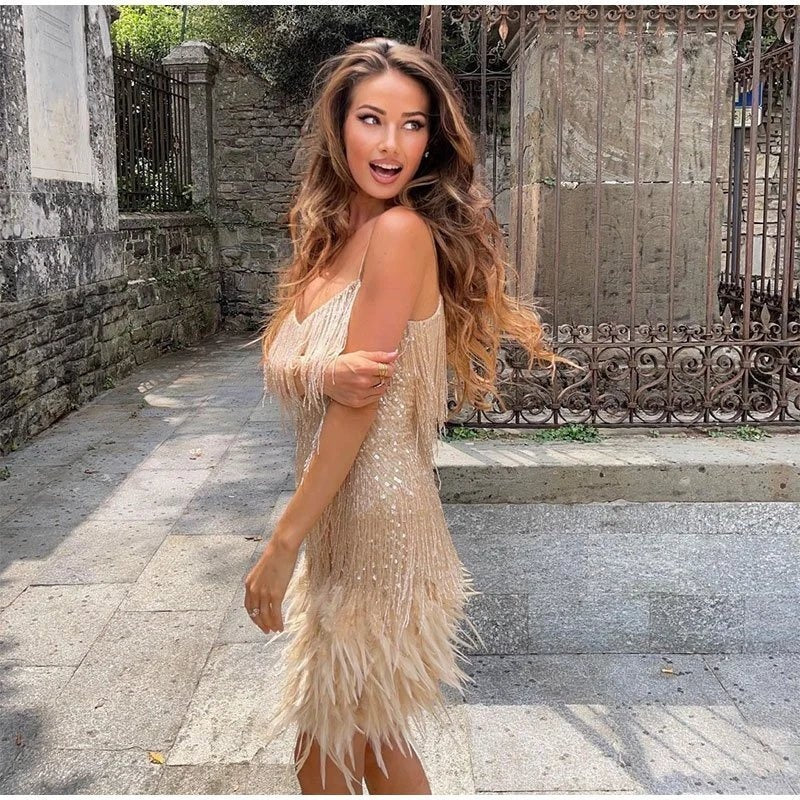 Pilar | Vestido Corto de Cóctel con Flecos Mujer Tirantes