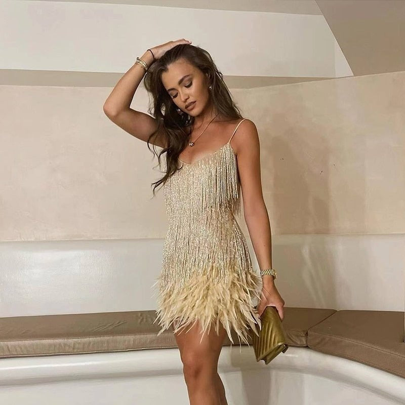 Pilar | Vestido Corto de Cóctel con Flecos Mujer Tirantes
