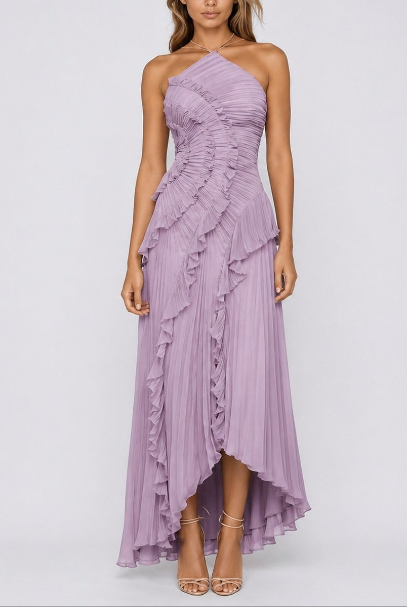 Pilar | Vestido Invitada Otoño Plisado con Volantes Mujer Cuello Halter