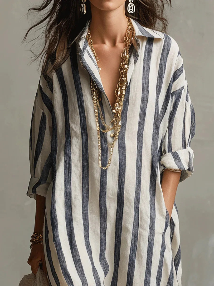 Pilar | Vestido Largo Camisero de Rayas Mujer Manga Larga