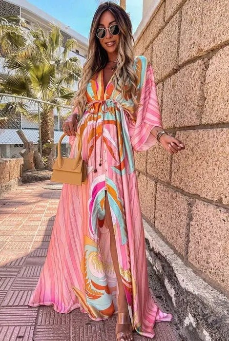Pilar | Vestido Largo Kimono Estampado Abstracto Mujer Escote V