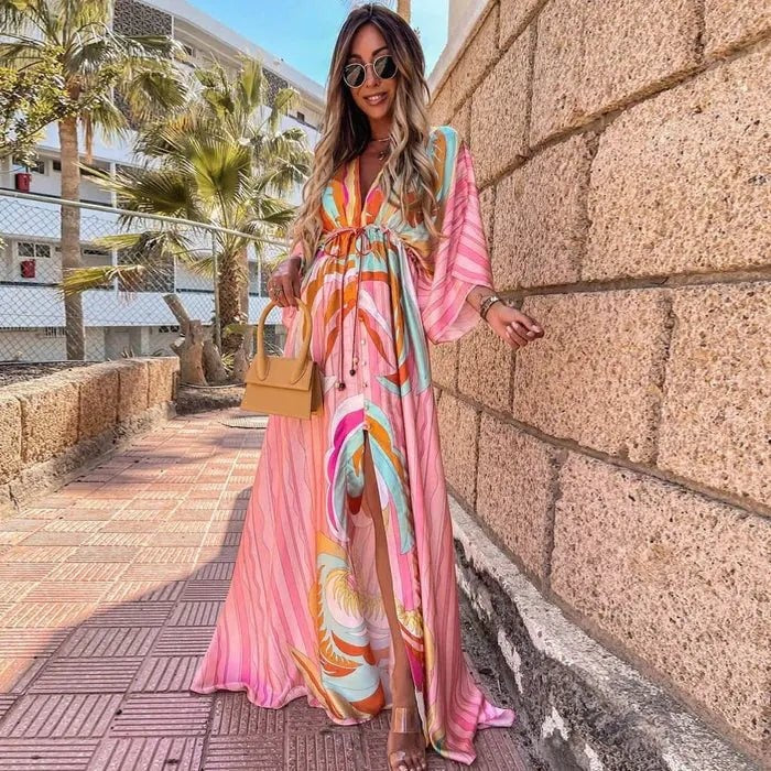 Pilar | Vestido Largo Kimono Estampado Abstracto Mujer Escote V