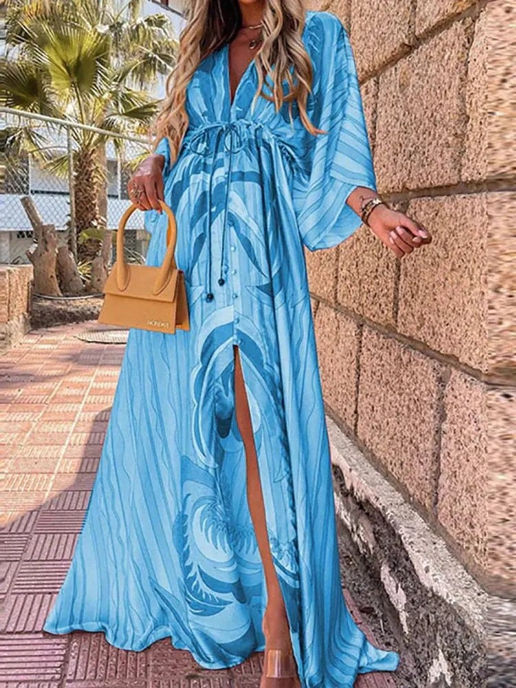 Pilar | Vestido Largo Kimono Estampado Abstracto Mujer Escote V