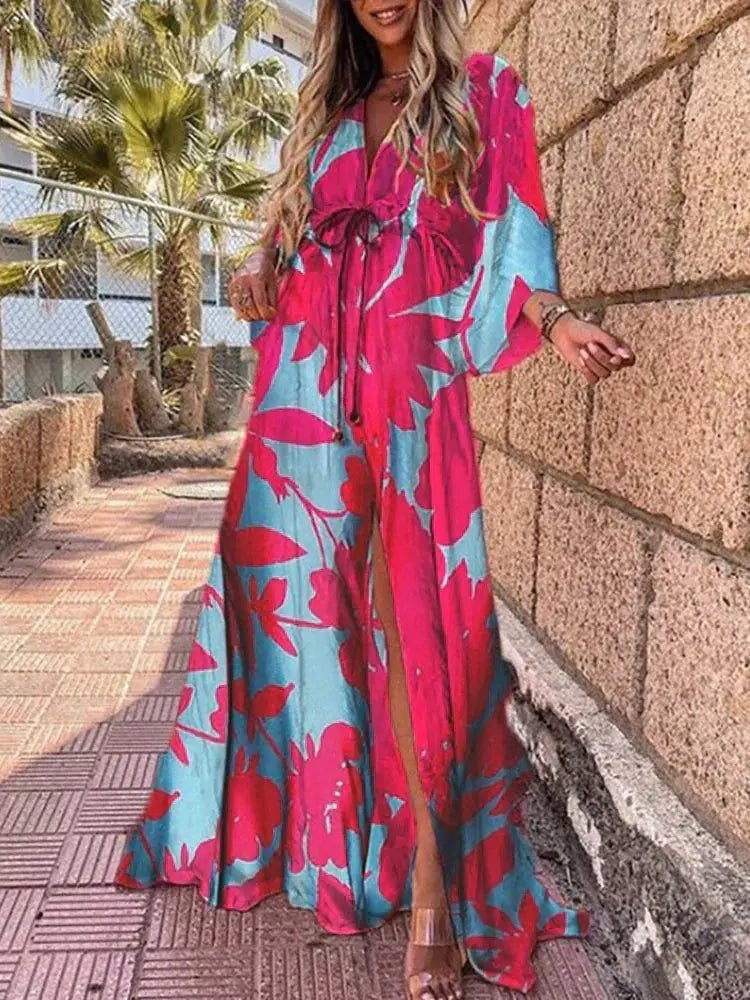 Pilar | Vestido Largo Kimono Estampado Abstracto Mujer Escote V