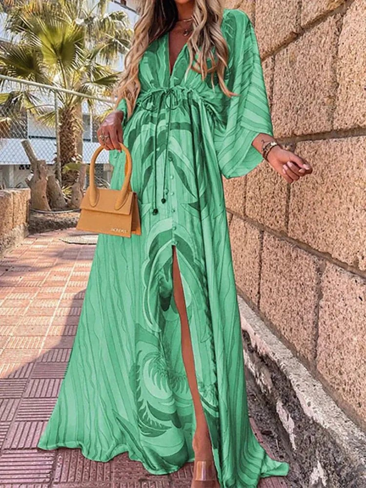 Pilar | Vestido Largo Kimono Estampado Abstracto Mujer Escote V