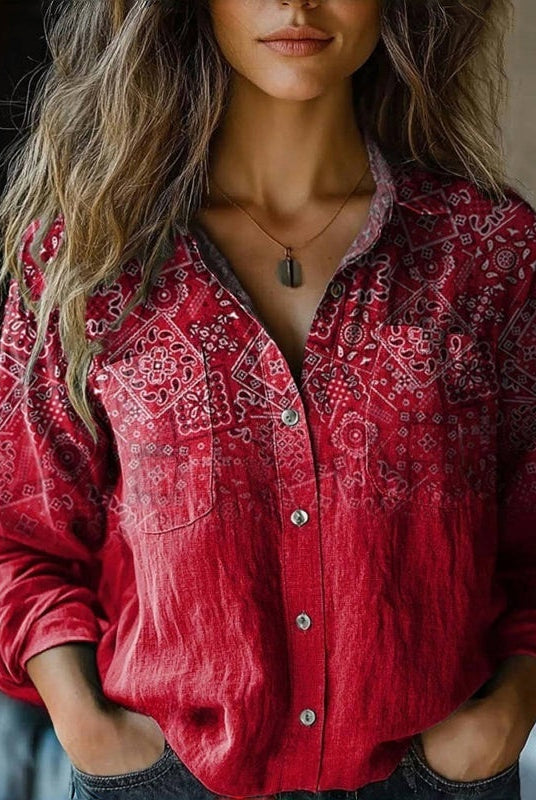 Raquel | Camisa de Manga Larga Estampada Mujer Botones Cuello Solapa
