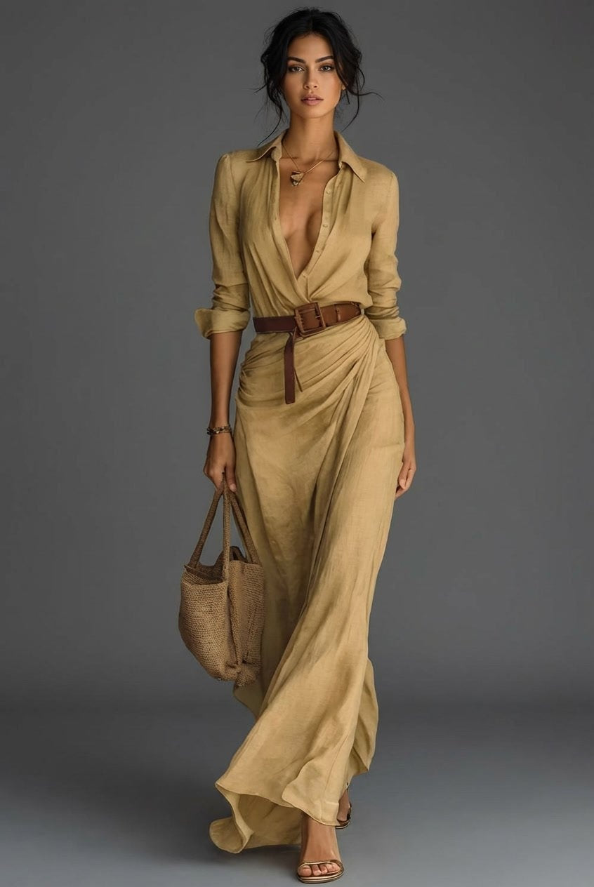 Raquel | Vestido Camisero Largo Drapeado Mujer Cinturón