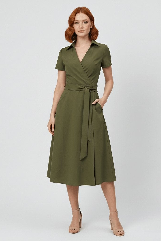 Raquel | Vestido Midi Camisero Cruzado Mujer Cinturón Manga Corta