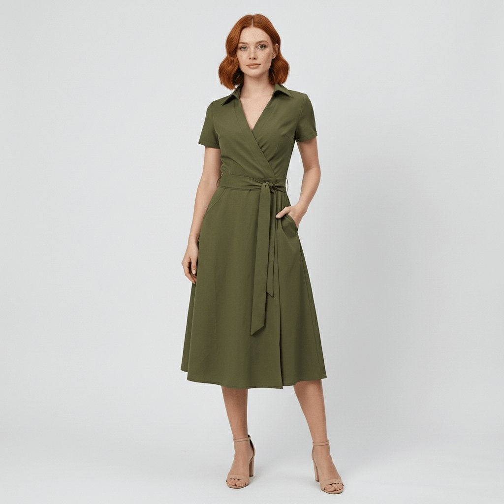 Raquel | Vestido Midi Camisero Cruzado Mujer Cinturón Manga Corta