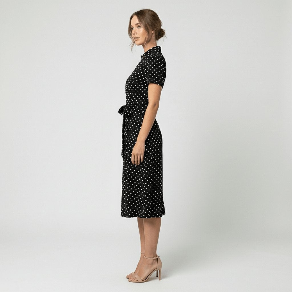 Raquel | Vestido Midi Camisero Cruzado Mujer Cinturón Manga Corta