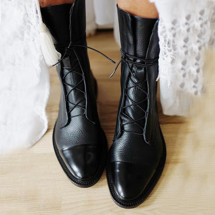 Rebeca | Botines de Piel con Cordones Mujer Planos Caña Media