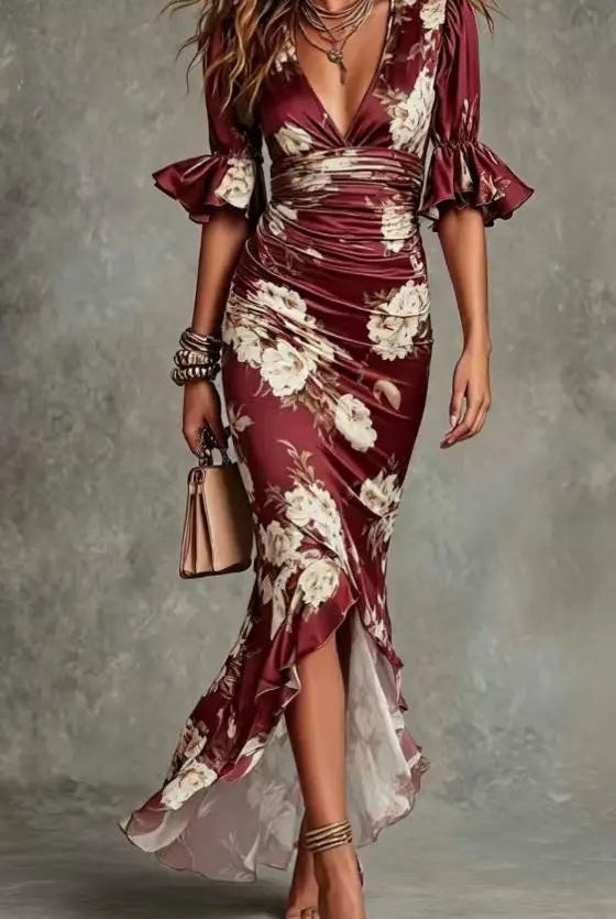 Rebeca | Vestido Lencero Largo Floral Mujer Escote V con Volantes
