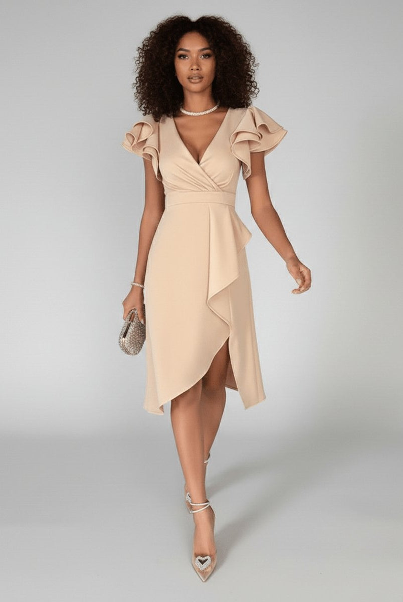Remedios | Vestido Invitada Otoño con Volantes Mujer Escote V Asimétrico