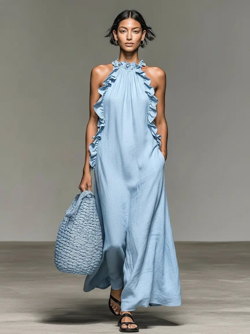 Remedios | Vestido Largo con Volantes Halter Mujer Sin Mangas