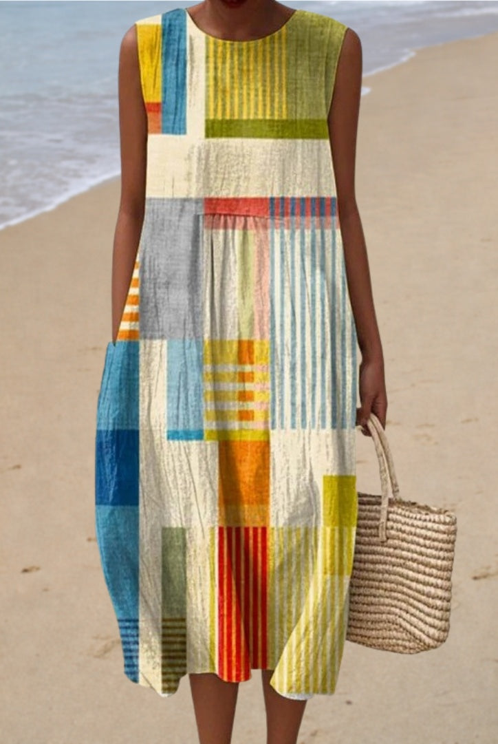 Remedios | Vestido Largo de Punto Estampado Patchwork Mujer Sin Mangas