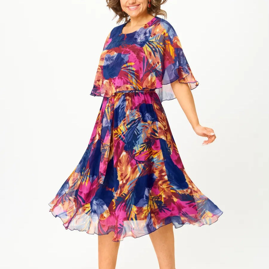 Remedios | Vestido Midi de Gasa con Volantes Mujer Estampado Tropical
