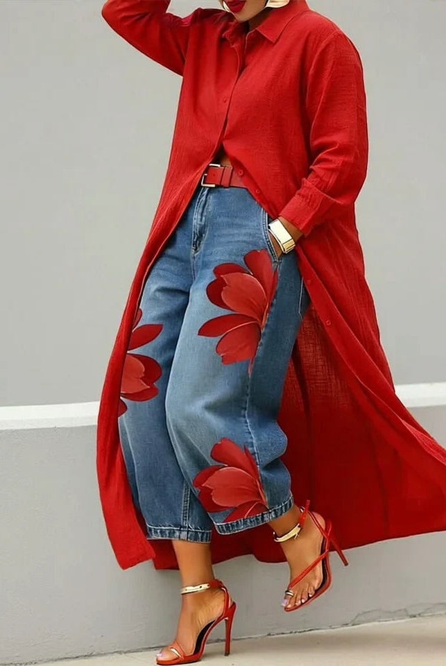 Rocío | Conjunto Camisa Larga y Jeans Florales Mujer Manga Larga