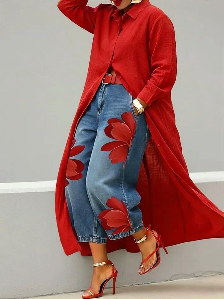 Rocío | Conjunto Camisa Larga y Jeans Florales Mujer Manga Larga