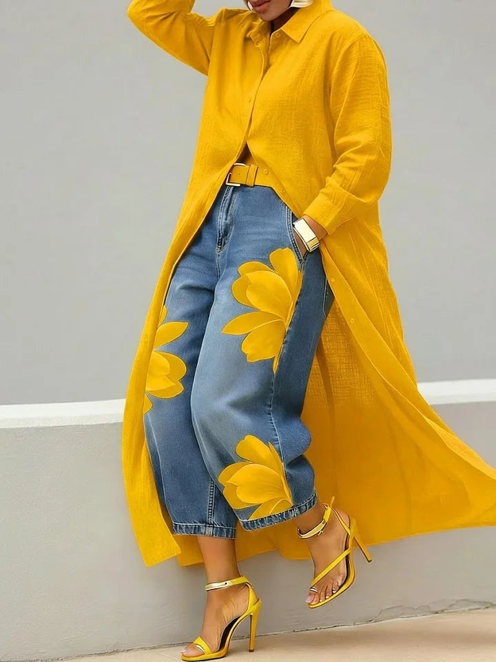 Rocío | Conjunto Camisa Larga y Jeans Florales Mujer Manga Larga