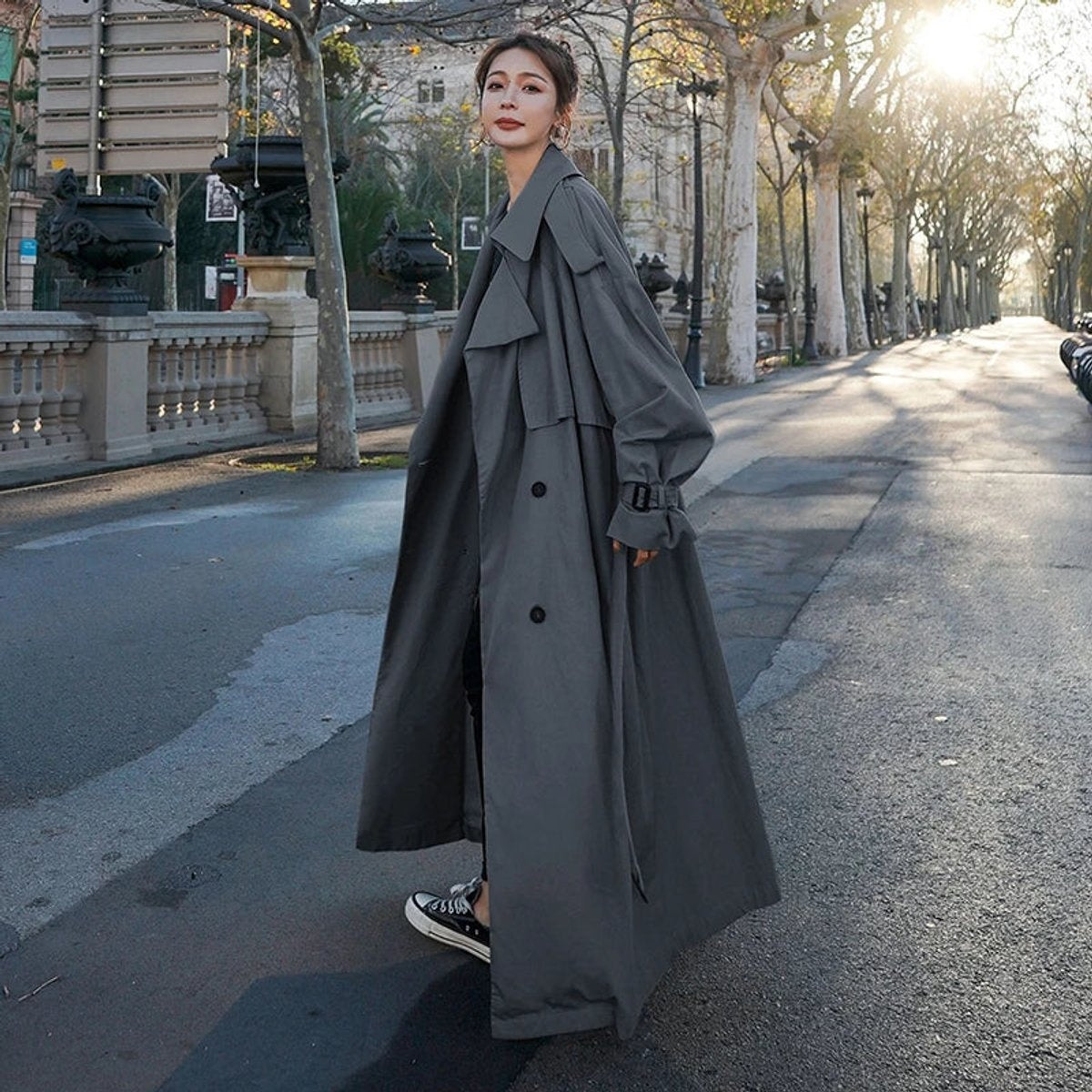 Rocío | Gabardina Larga Oversize Mujer Doble Botonadura con Cinturón