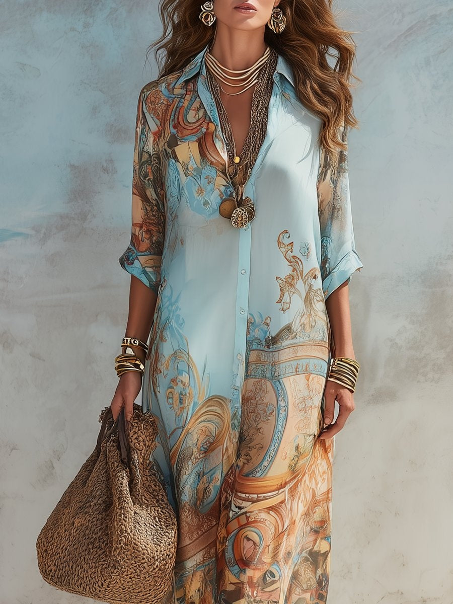 Rocío | Vestido Largo Camisero Estampado Mujer Manga 3/4