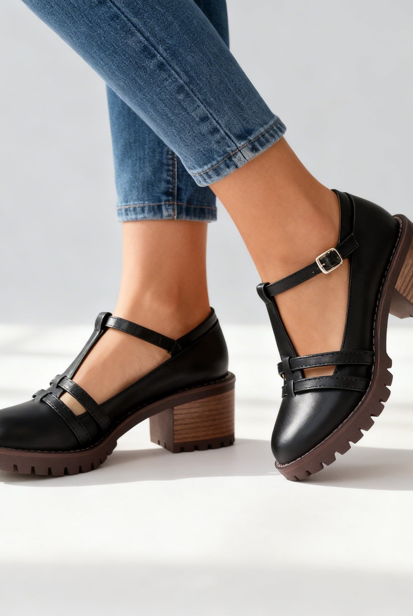 Rocío | Zapatos de Tacón Bloque T-Strap Mujer Suela Gruesa
