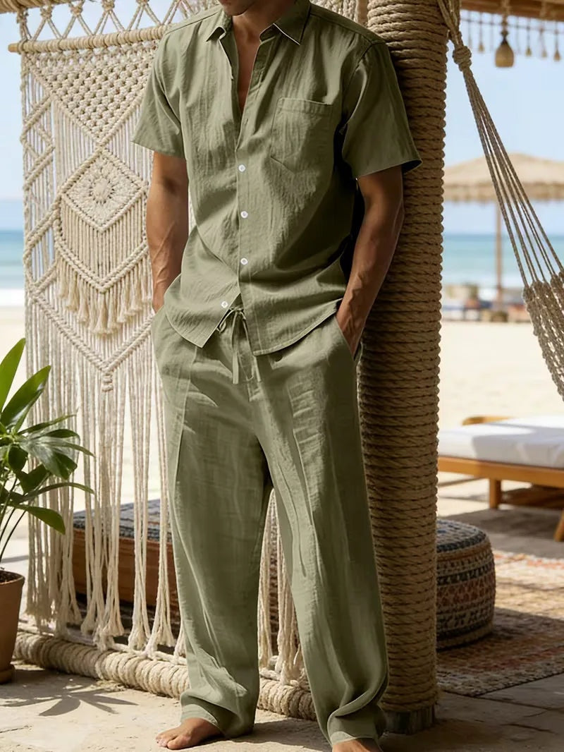 Rodrigo | Conjunto de Lino Casual Hombre Camisa Manga Corta Pantalón Largo