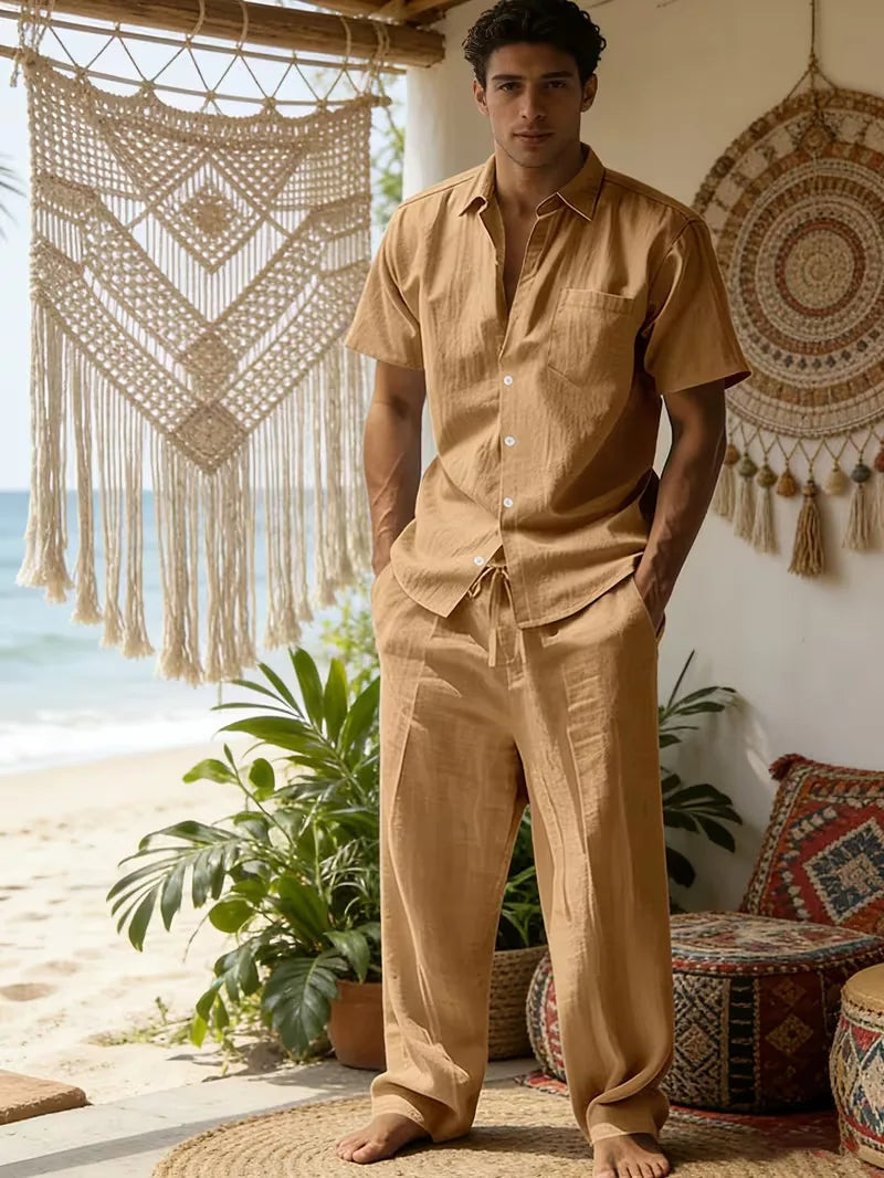 Rodrigo | Conjunto de Lino Casual Hombre Camisa Manga Corta Pantalón Largo