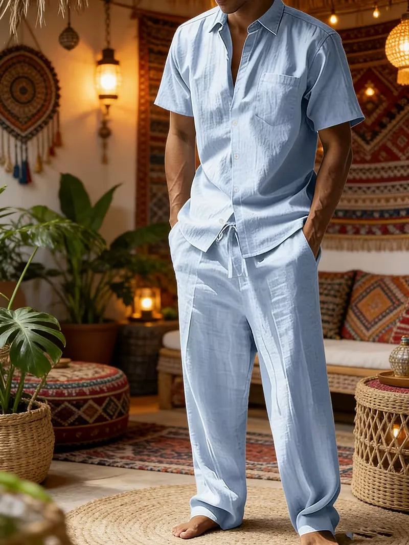 Rodrigo | Conjunto de Lino Casual Hombre Camisa Manga Corta Pantalón Largo