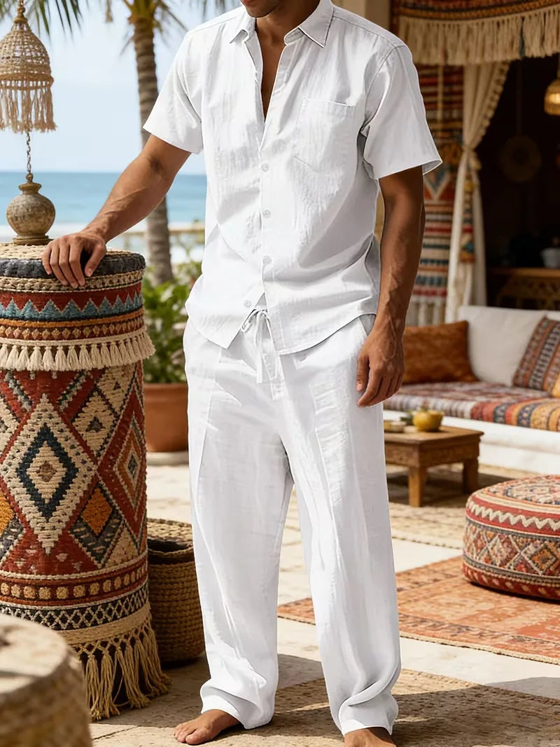 Rodrigo | Conjunto de Lino Casual Hombre Camisa Manga Corta Pantalón Largo
