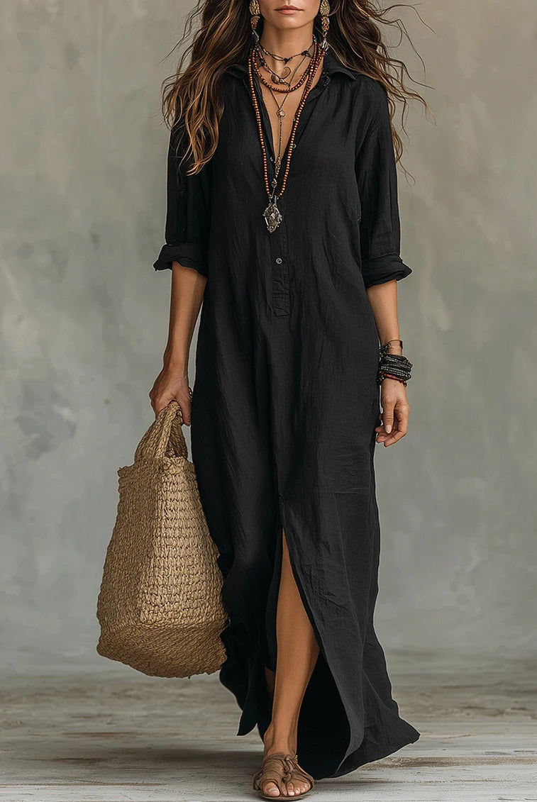 Rosalía | Vestido Largo Camisero de Manga Larga Mujer Escote V
