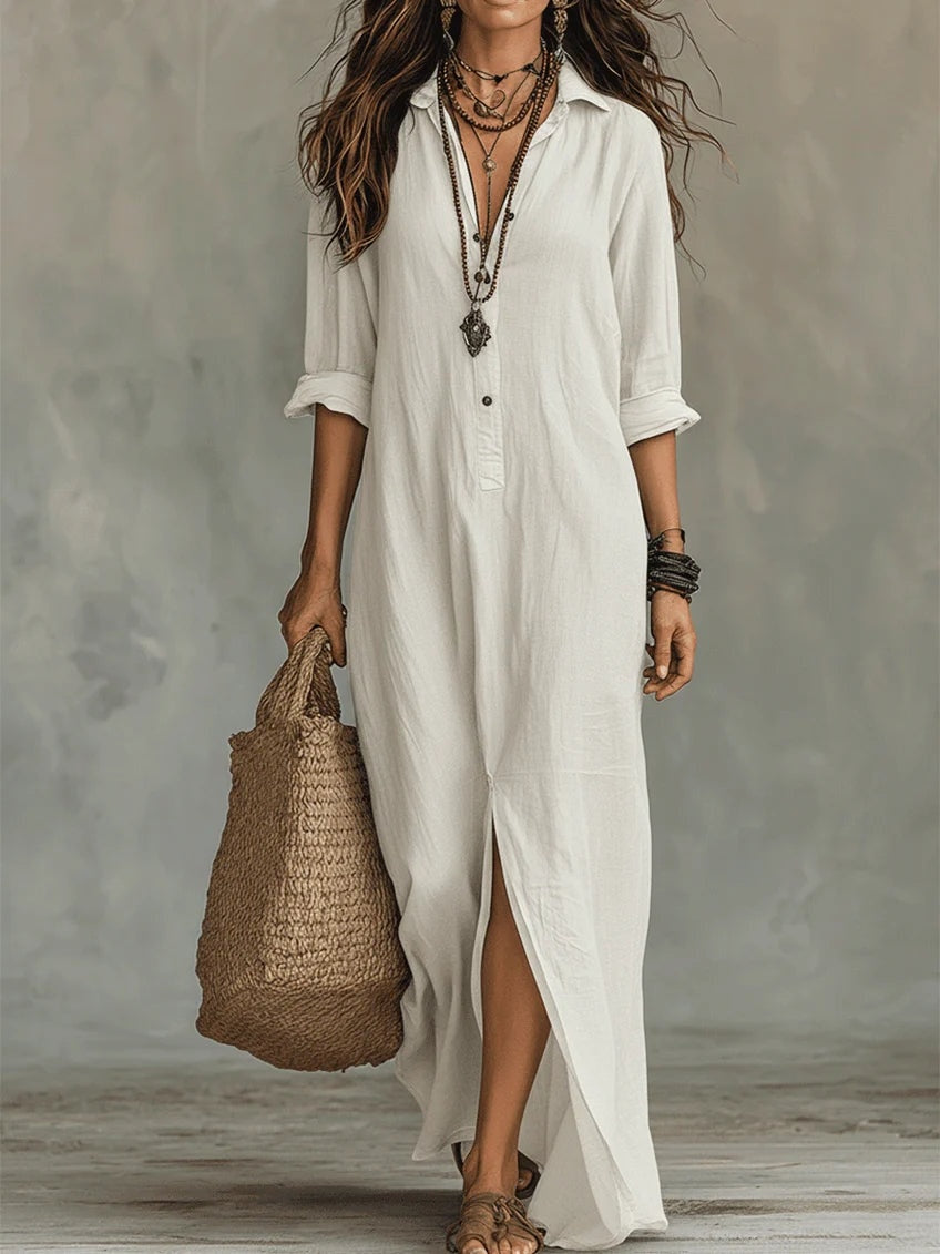 Rosalía | Vestido Largo Camisero de Manga Larga Mujer Escote V
