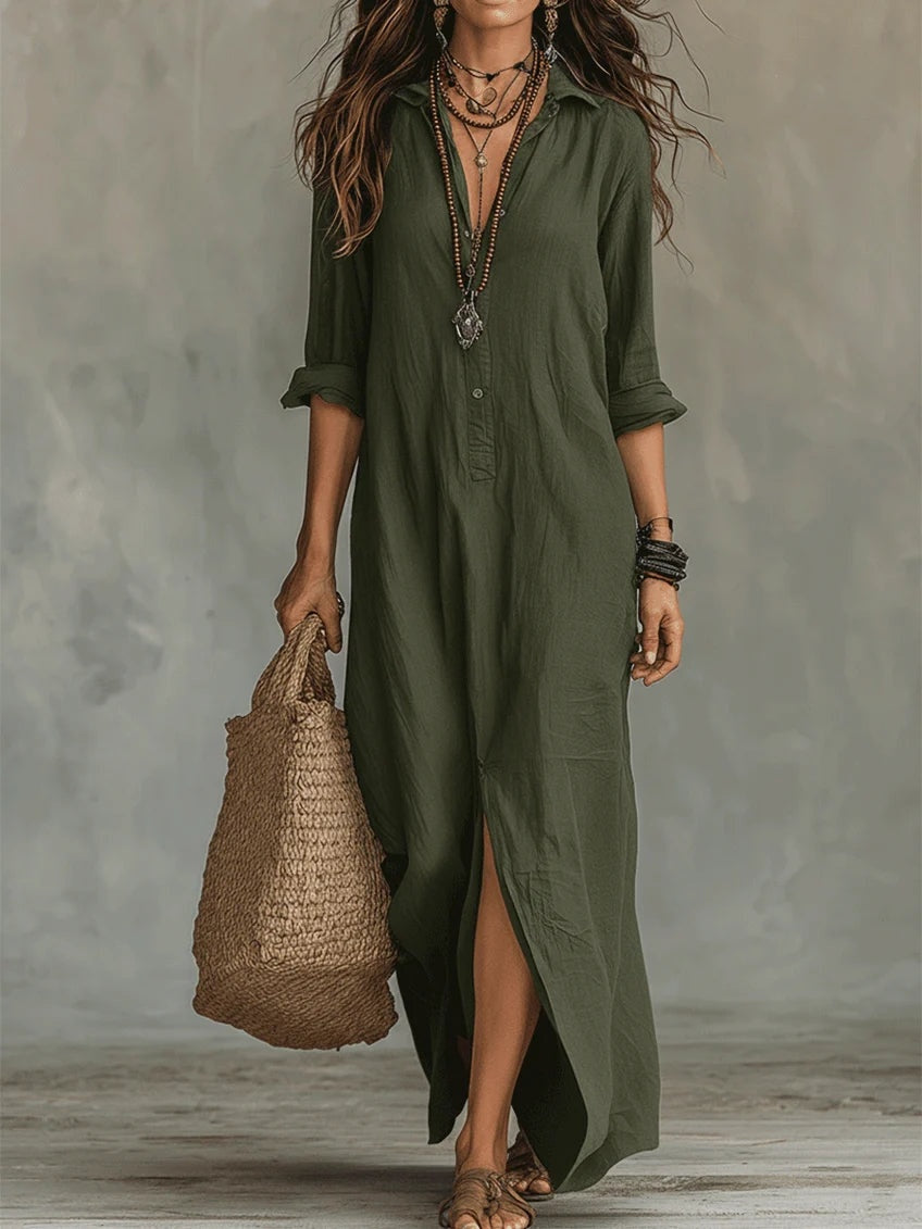 Rosalía | Vestido Largo Camisero de Manga Larga Mujer Escote V