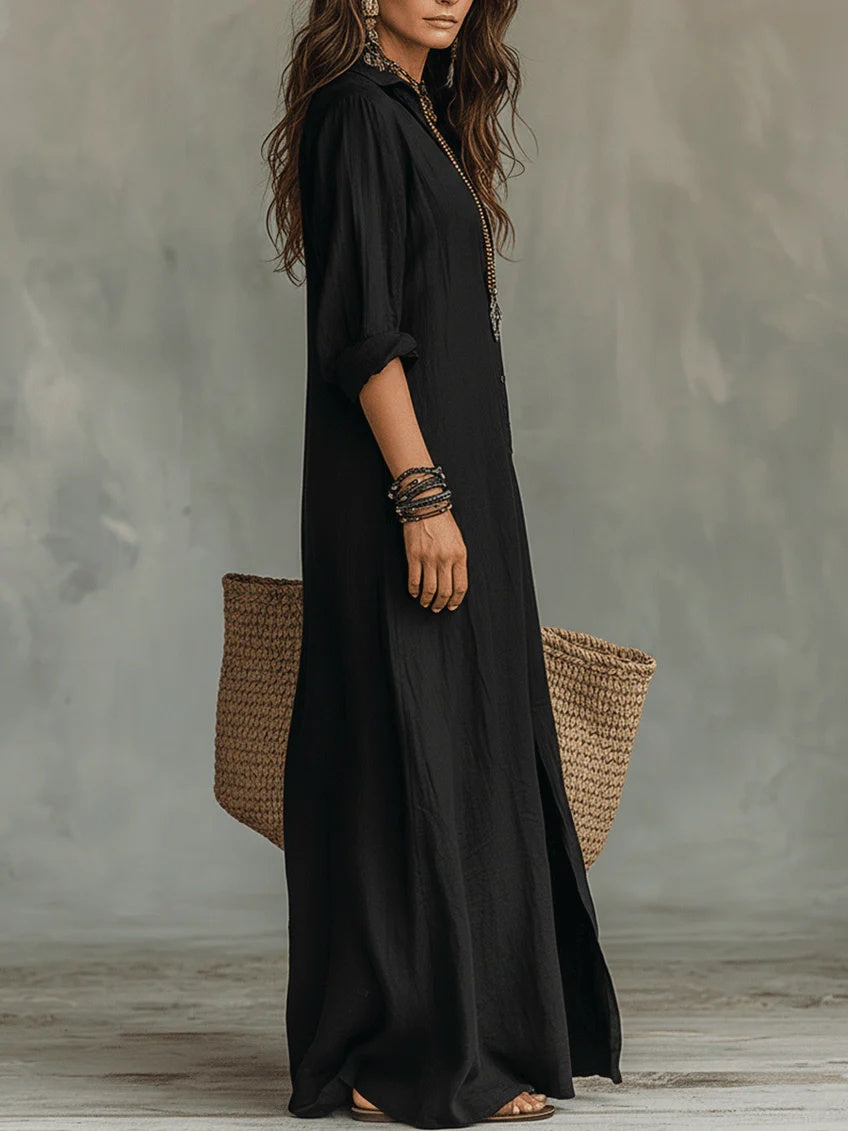Rosalía | Vestido Largo Camisero de Manga Larga Mujer Escote V