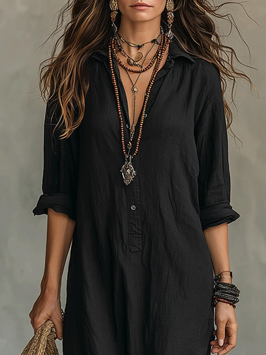 Rosalía | Vestido Largo Camisero de Manga Larga Mujer Escote V